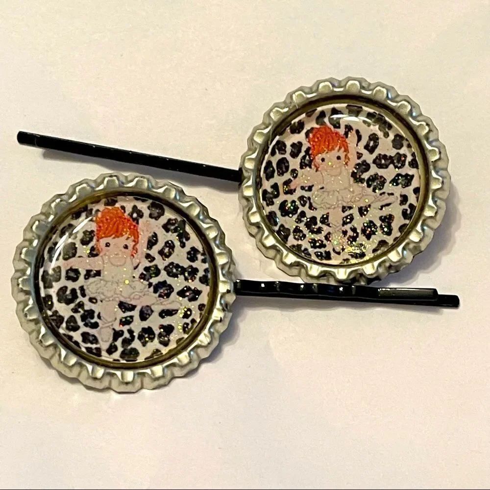 NEW bottle cap Bobbie pin pair red head ballerina ballet leopard print